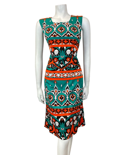 VINTAGE 60s 70s GREEN BLACK ORANGE FLORAL ART NOUVEAU SLEEVELESS DRESS 14