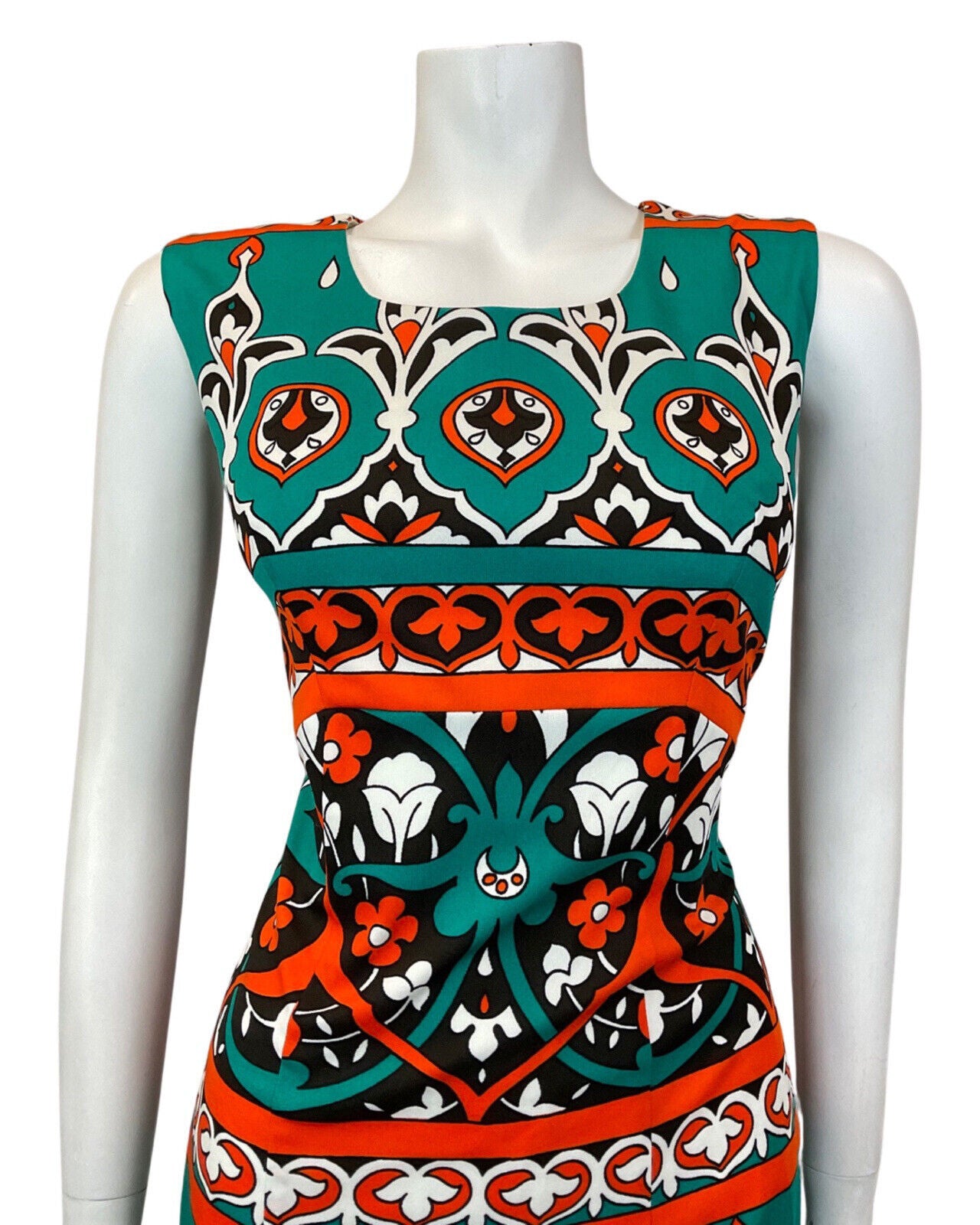 VINTAGE 60s 70s GREEN BLACK ORANGE FLORAL ART NOUVEAU SLEEVELESS DRESS 14