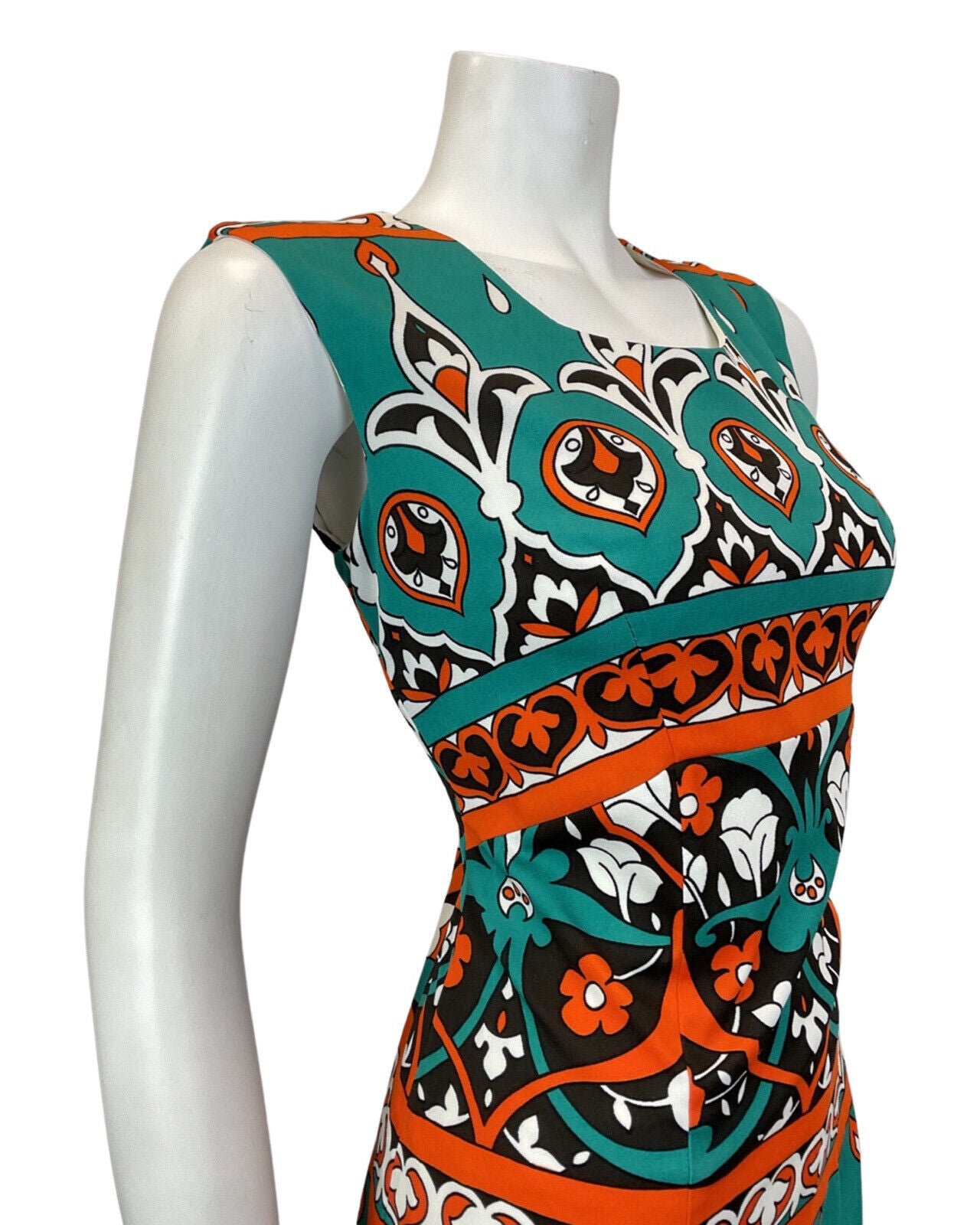 VINTAGE 60s 70s GREEN BLACK ORANGE FLORAL ART NOUVEAU SLEEVELESS DRESS 14