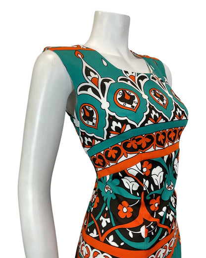 VINTAGE 60s 70s GREEN BLACK ORANGE FLORAL ART NOUVEAU SLEEVELESS DRESS 14