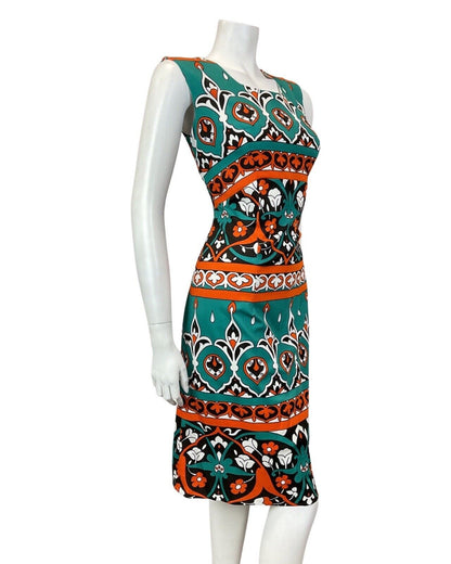 VINTAGE 60s 70s GREEN BLACK ORANGE FLORAL ART NOUVEAU SLEEVELESS DRESS 14