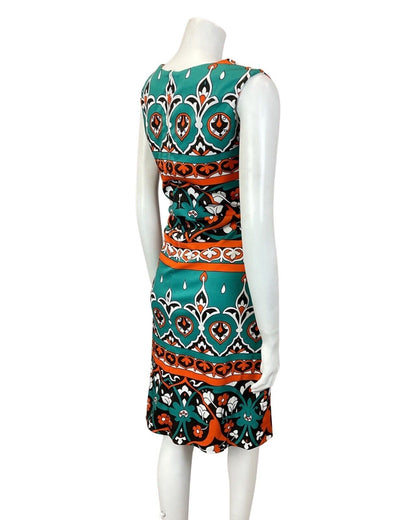 VINTAGE 60s 70s GREEN BLACK ORANGE FLORAL ART NOUVEAU SLEEVELESS DRESS 14