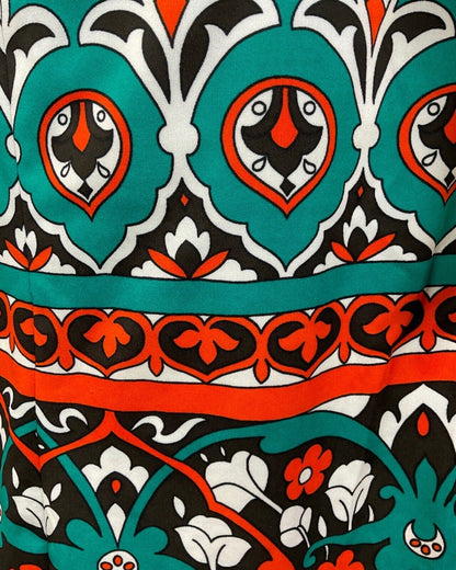 VINTAGE 60s 70s GREEN BLACK ORANGE FLORAL ART NOUVEAU SLEEVELESS DRESS 14