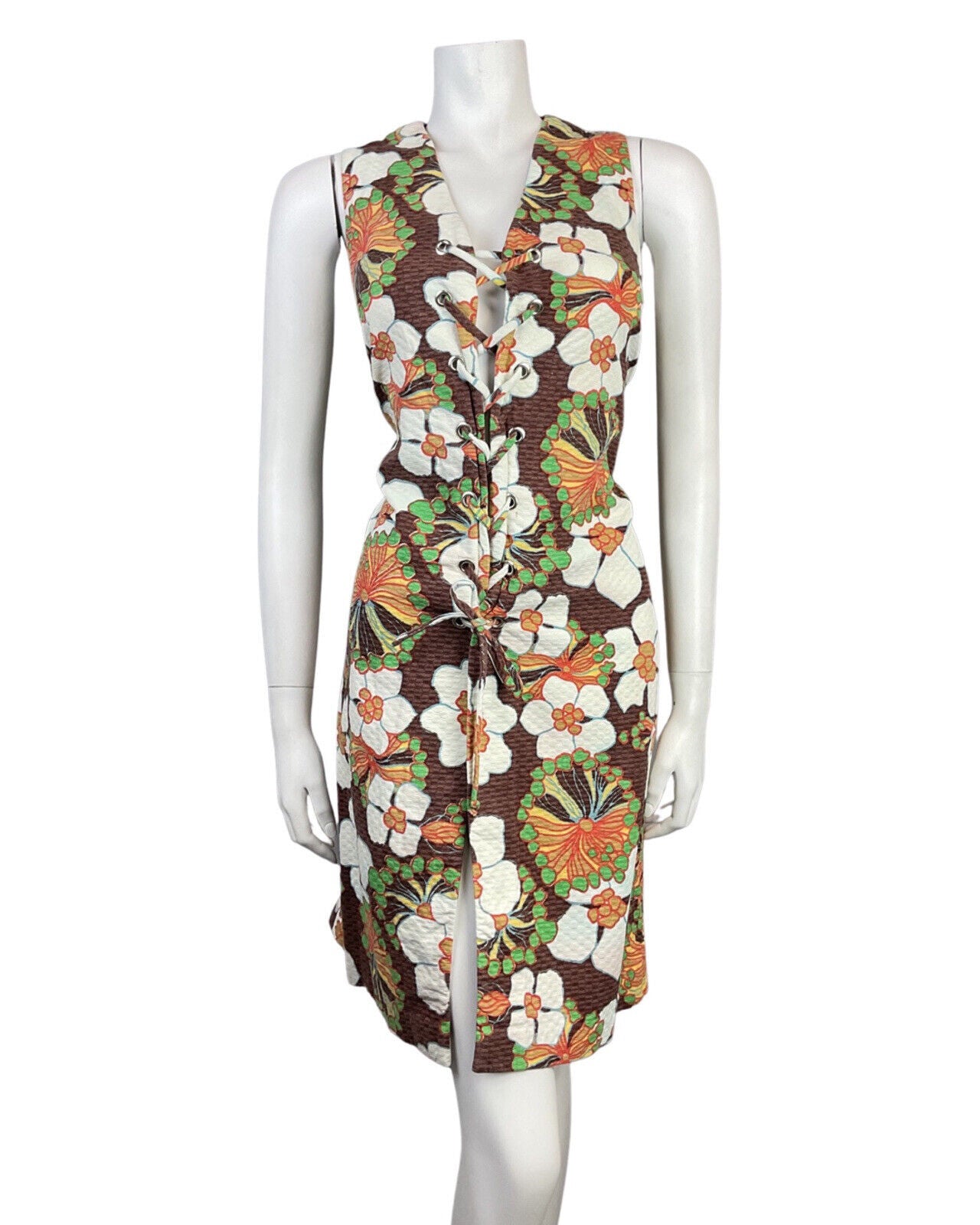 VTG 60s 70s BROWN WHITE GREEN FLORAL LACE-UP WAISTCOAT SLEEVELESS DRESS 12 14