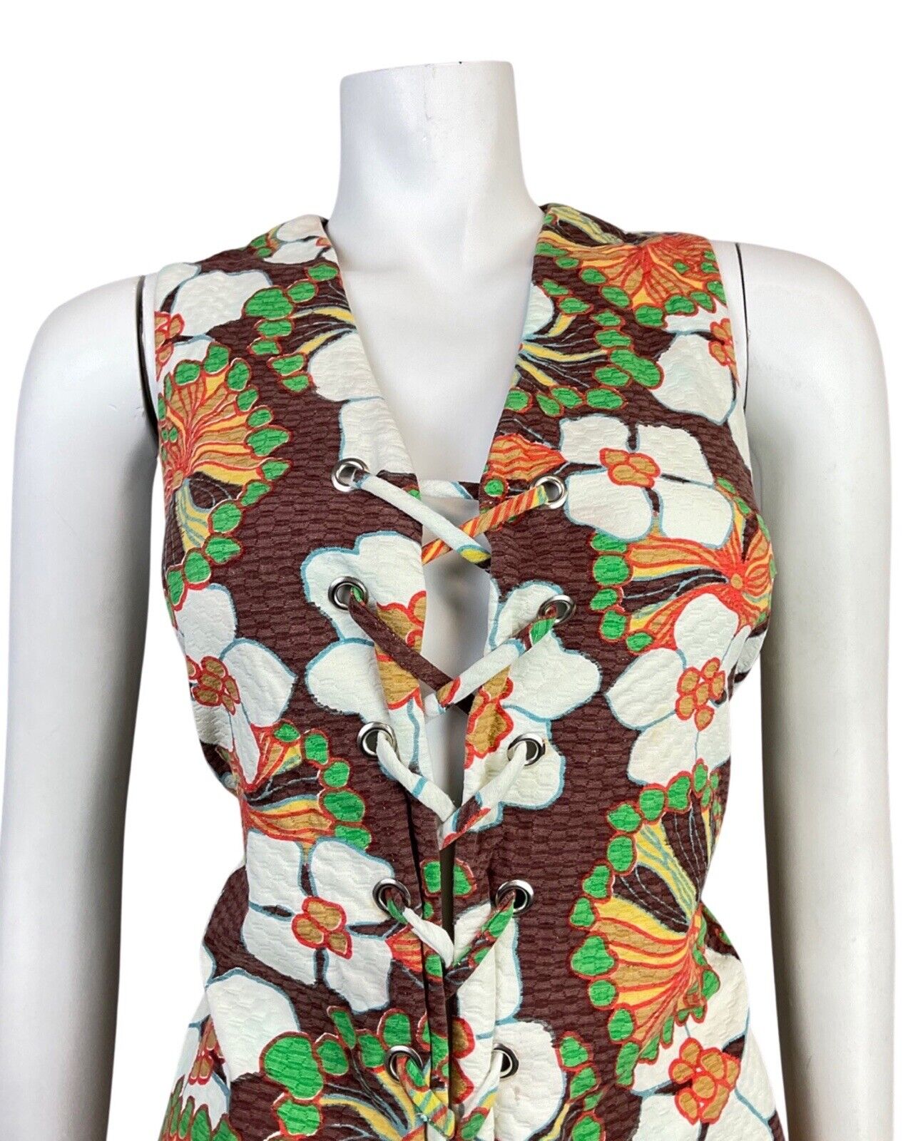 VTG 60s 70s BROWN WHITE GREEN FLORAL LACE-UP WAISTCOAT SLEEVELESS DRESS 12 14