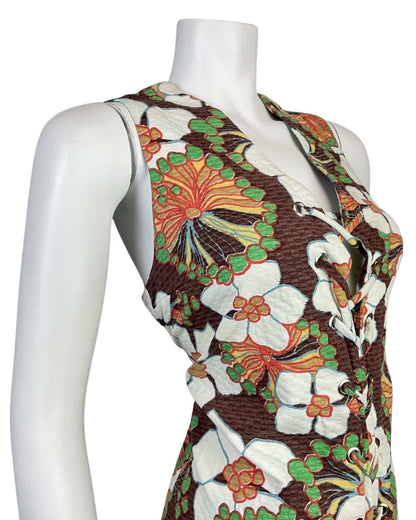 VTG 60s 70s BROWN WHITE GREEN FLORAL LACE-UP WAISTCOAT SLEEVELESS DRESS 12 14