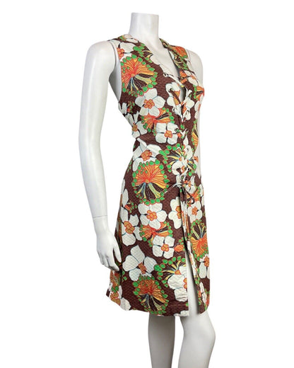 VTG 60s 70s BROWN WHITE GREEN FLORAL LACE-UP WAISTCOAT SLEEVELESS DRESS 12 14