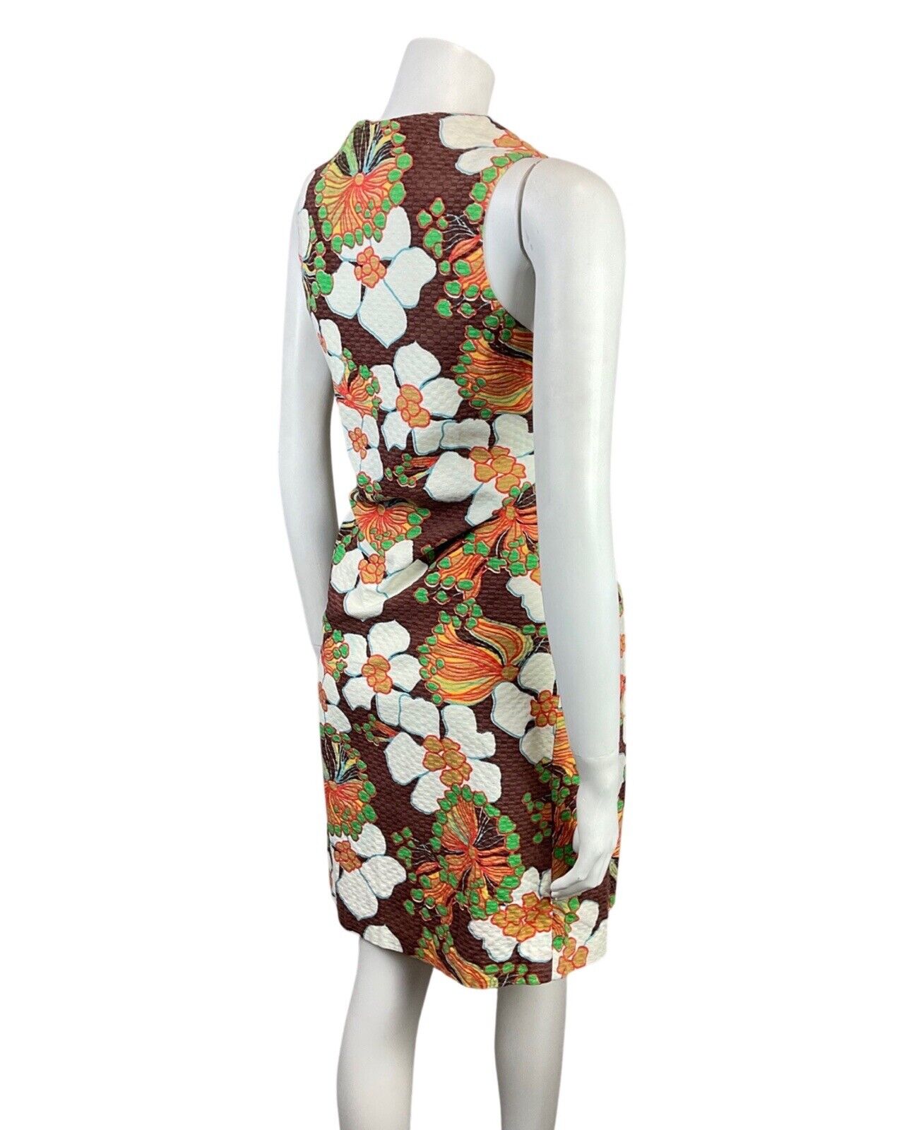 VTG 60s 70s BROWN WHITE GREEN FLORAL LACE-UP WAISTCOAT SLEEVELESS DRESS 12 14
