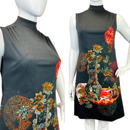 VTG 70s  BLACK ORANGE GREEN FLORAL CHINESE TEAPOT VASE TURTLENECK DRESS 16 18