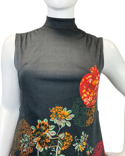 VTG 70s  BLACK ORANGE GREEN FLORAL CHINESE TEAPOT VASE TURTLENECK DRESS 16 18