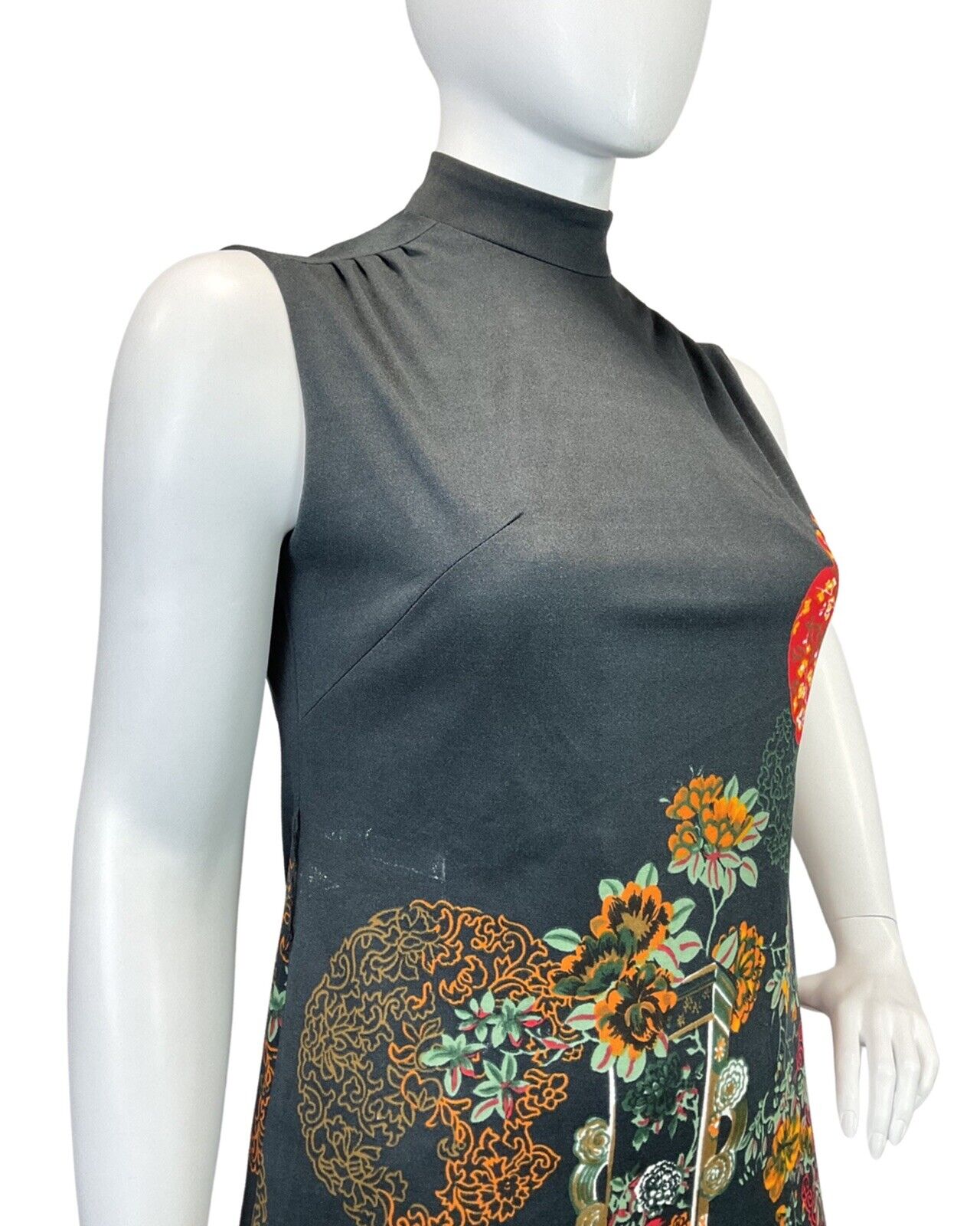 VTG 70s  BLACK ORANGE GREEN FLORAL CHINESE TEAPOT VASE TURTLENECK DRESS 16 18