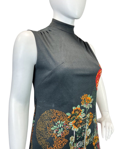 VTG 70s  BLACK ORANGE GREEN FLORAL CHINESE TEAPOT VASE TURTLENECK DRESS 16 18