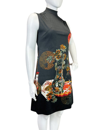 VTG 70s  BLACK ORANGE GREEN FLORAL CHINESE TEAPOT VASE TURTLENECK DRESS 16 18