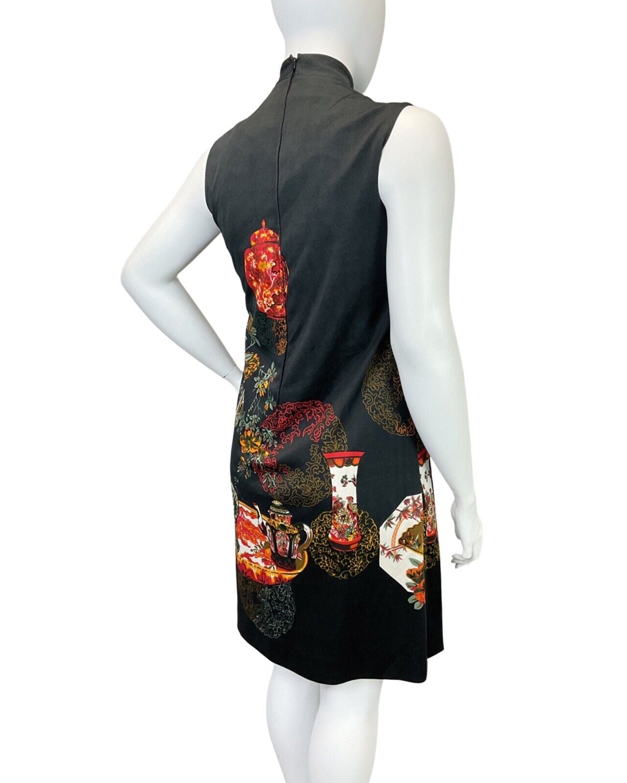 VTG 70s  BLACK ORANGE GREEN FLORAL CHINESE TEAPOT VASE TURTLENECK DRESS 16 18