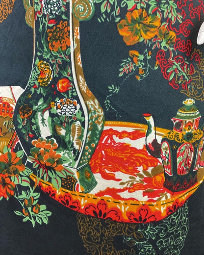 VTG 70s  BLACK ORANGE GREEN FLORAL CHINESE TEAPOT VASE TURTLENECK DRESS 16 18