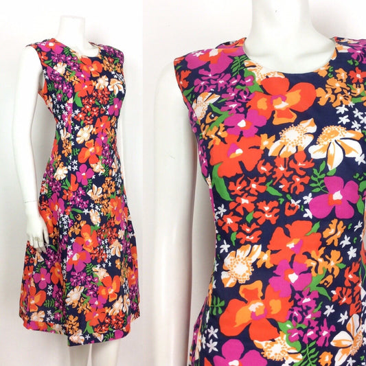 VINTAGE 70S PSYCHADELIC NAVY BLUE PINK RED GREEN FLORAL DRESS 14 16
