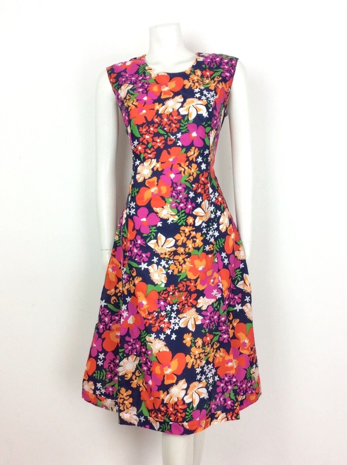 VINTAGE 70S PSYCHADELIC NAVY BLUE PINK RED GREEN FLORAL DRESS 14 16