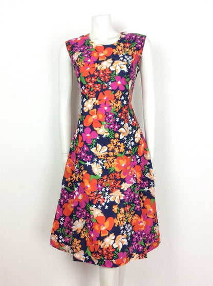 VINTAGE 70S PSYCHADELIC NAVY BLUE PINK RED GREEN FLORAL DRESS 14 16