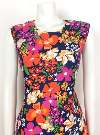 VINTAGE 70S PSYCHADELIC NAVY BLUE PINK RED GREEN FLORAL DRESS 14 16