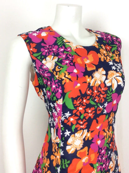 VINTAGE 70S PSYCHADELIC NAVY BLUE PINK RED GREEN FLORAL DRESS 14 16