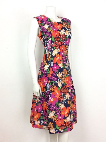 VINTAGE 70S PSYCHADELIC NAVY BLUE PINK RED GREEN FLORAL DRESS 14 16