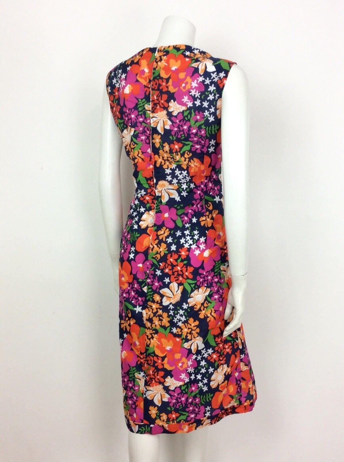 VINTAGE 70S PSYCHADELIC NAVY BLUE PINK RED GREEN FLORAL DRESS 14 16