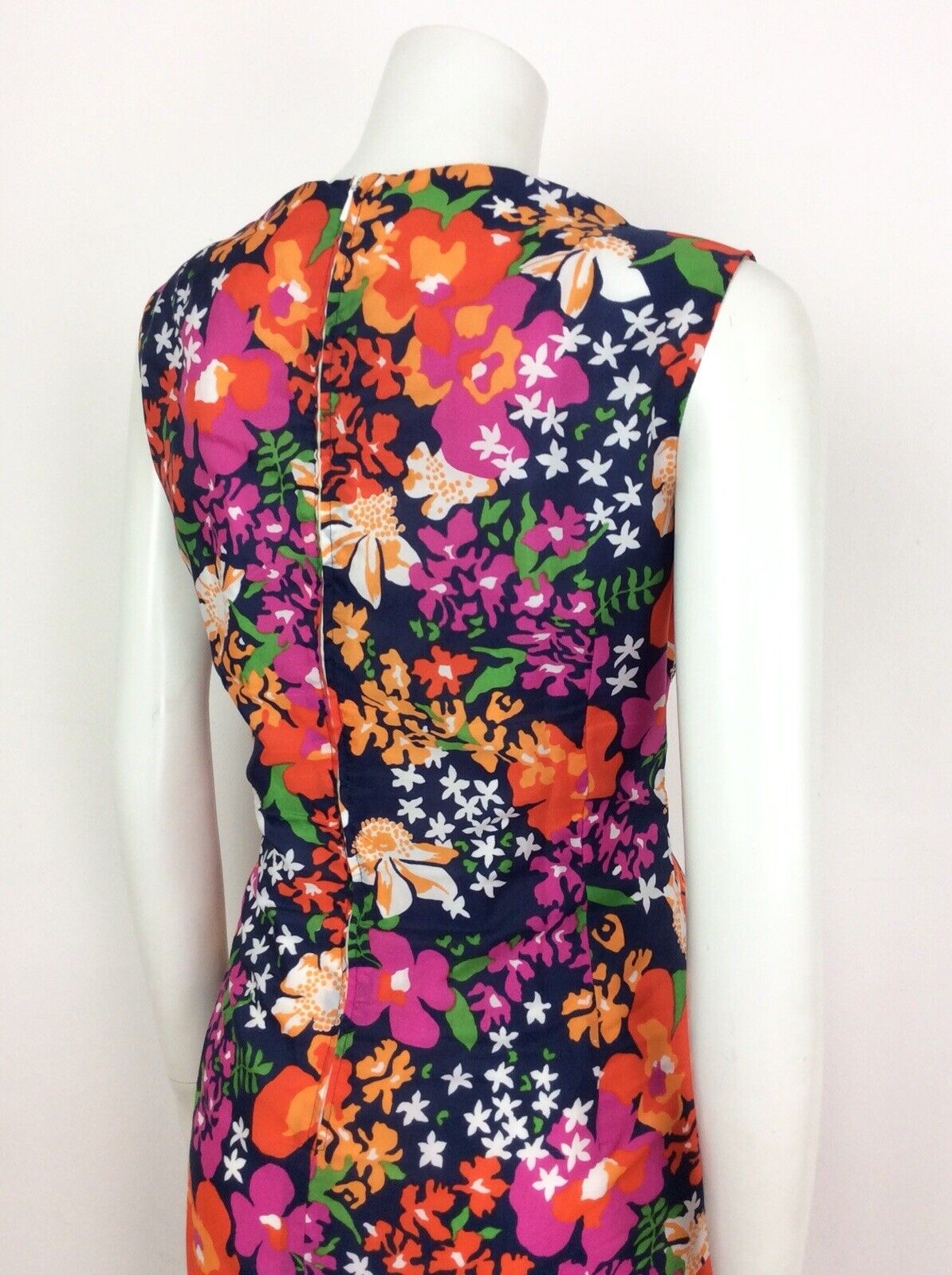 VINTAGE 70S PSYCHADELIC NAVY BLUE PINK RED GREEN FLORAL DRESS 14 16