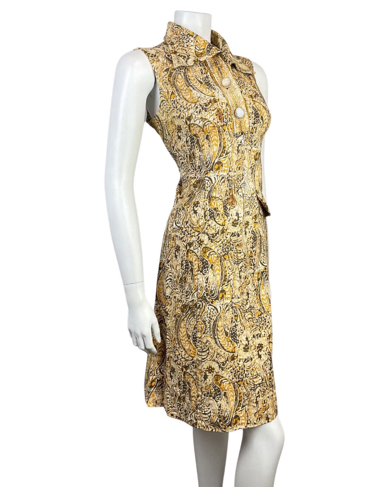 VINTAGE 70s BROWN CREAM YELLOW PSYCHEDELIC PAISLEY SLEEVELESS SHIRT DRESS 12
