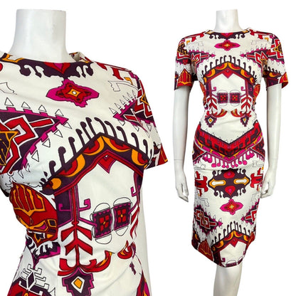 VINTAGE 60s 70s WHITE PURPLE PINK YELLOW AZTEC GEOMETRIC MOD DRESS 14 16