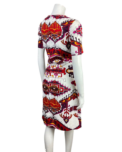 VINTAGE 60s 70s WHITE PURPLE PINK YELLOW AZTEC GEOMETRIC MOD DRESS 14 16