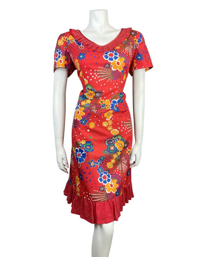 VINTAGE 60s 70s RED BLUE YELLOW PSYCHEDELIC SWIRL FLORAL RUFFLED DRESS 16