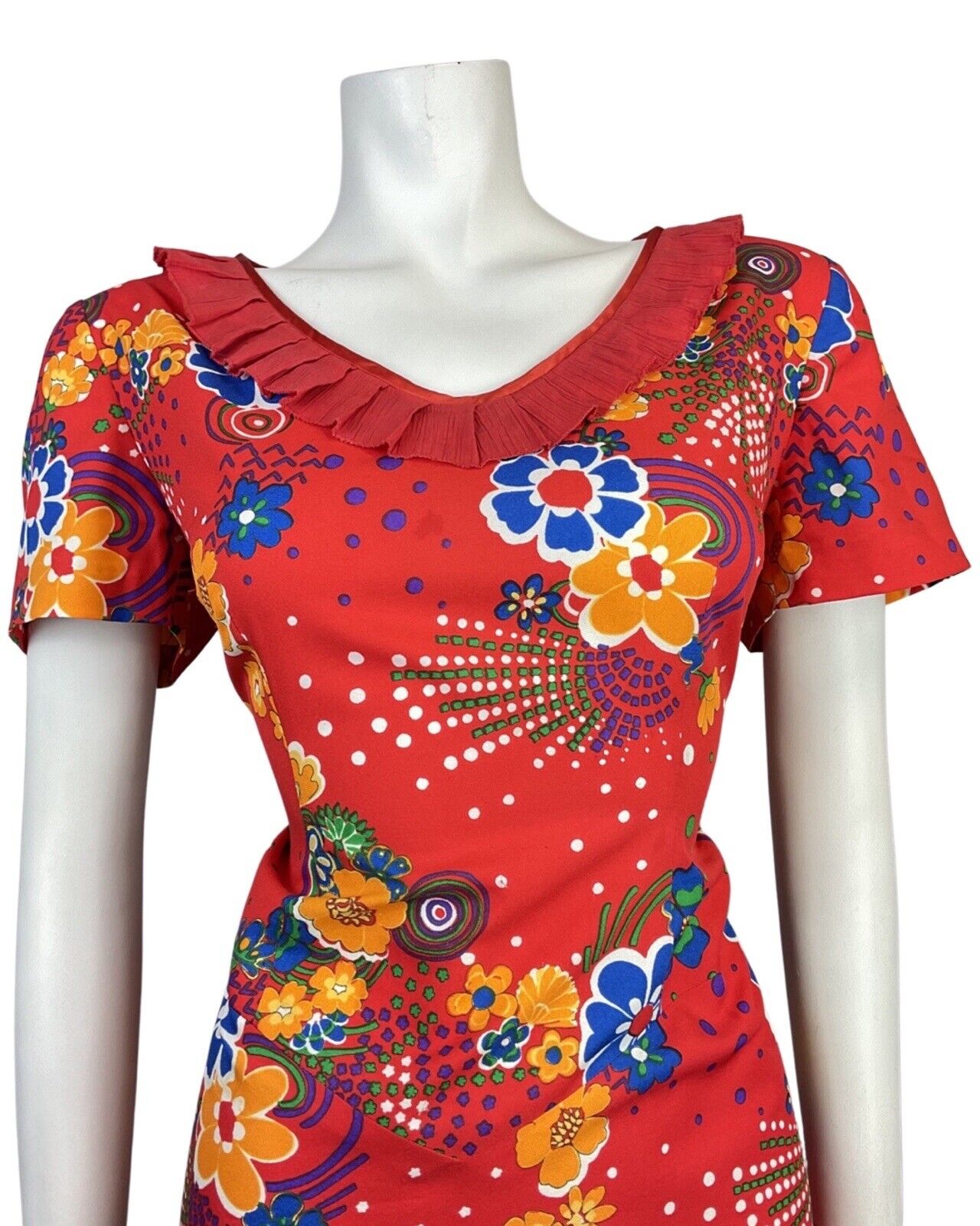 VINTAGE 60s 70s RED BLUE YELLOW PSYCHEDELIC SWIRL FLORAL RUFFLED DRESS 16