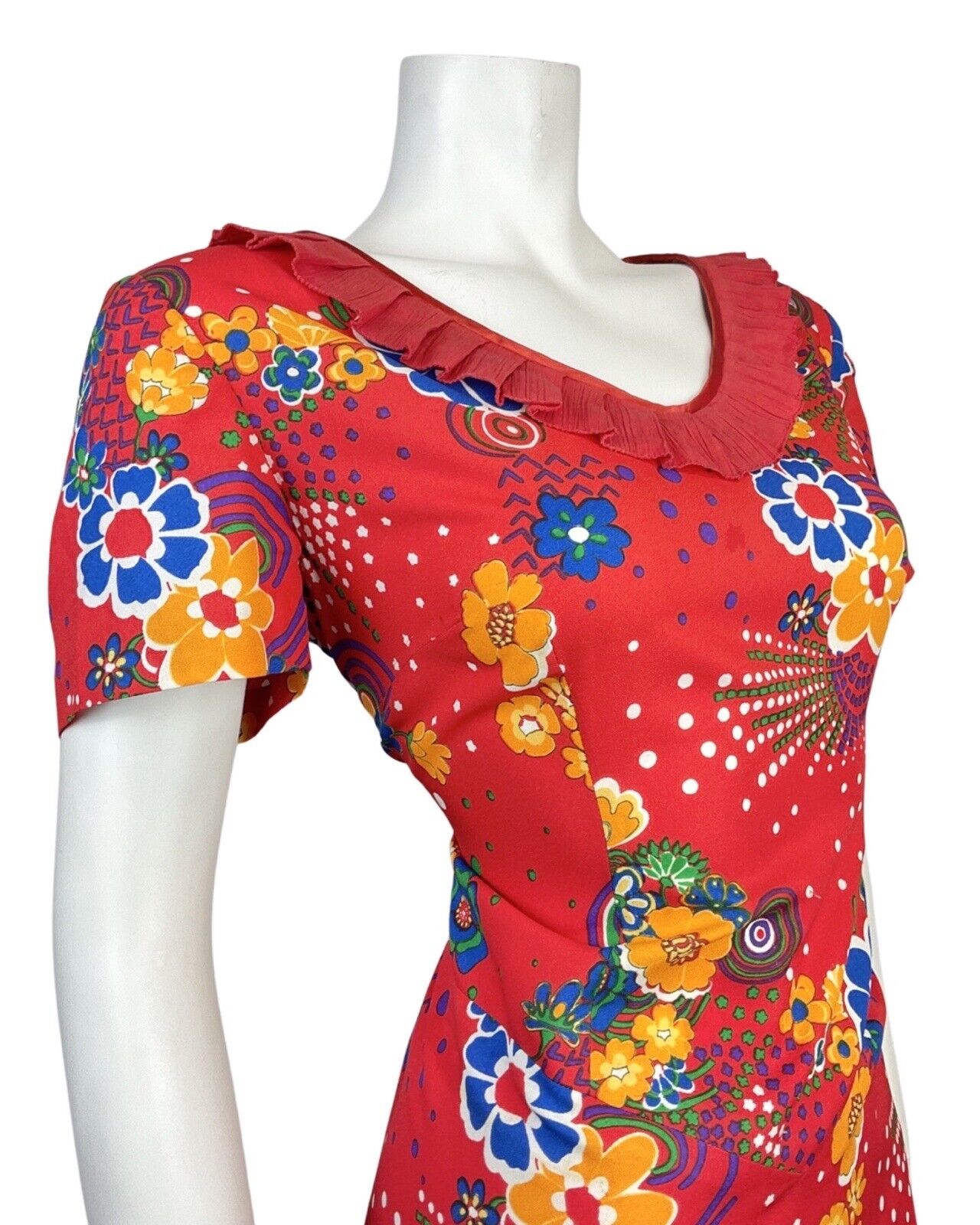 VINTAGE 60s 70s RED BLUE YELLOW PSYCHEDELIC SWIRL FLORAL RUFFLED DRESS 16