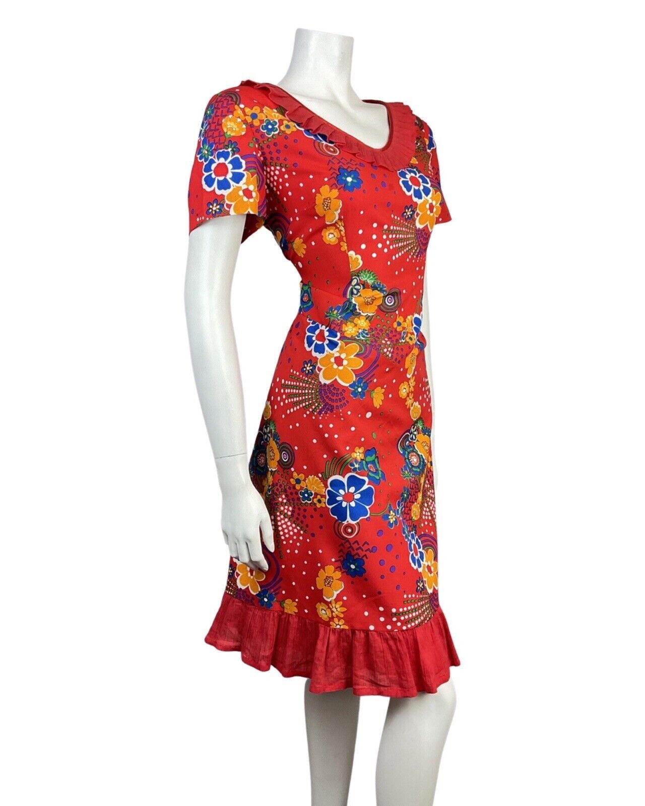 VINTAGE 60s 70s RED BLUE YELLOW PSYCHEDELIC SWIRL FLORAL RUFFLED DRESS 16
