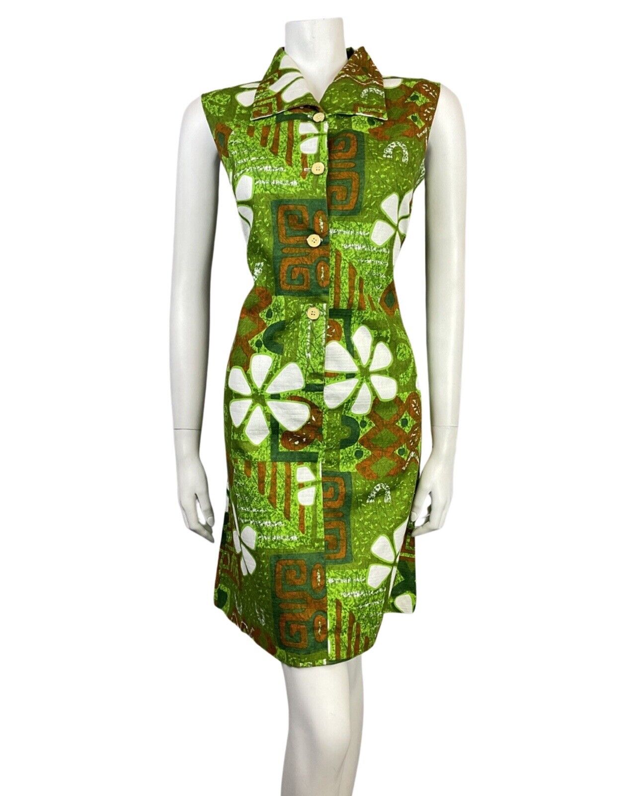 VINTAGE 60s 70s GREEN ORANGE WHITE HAWAIIAN FLORAL SLEEVELESS SHIFT DRESS 10