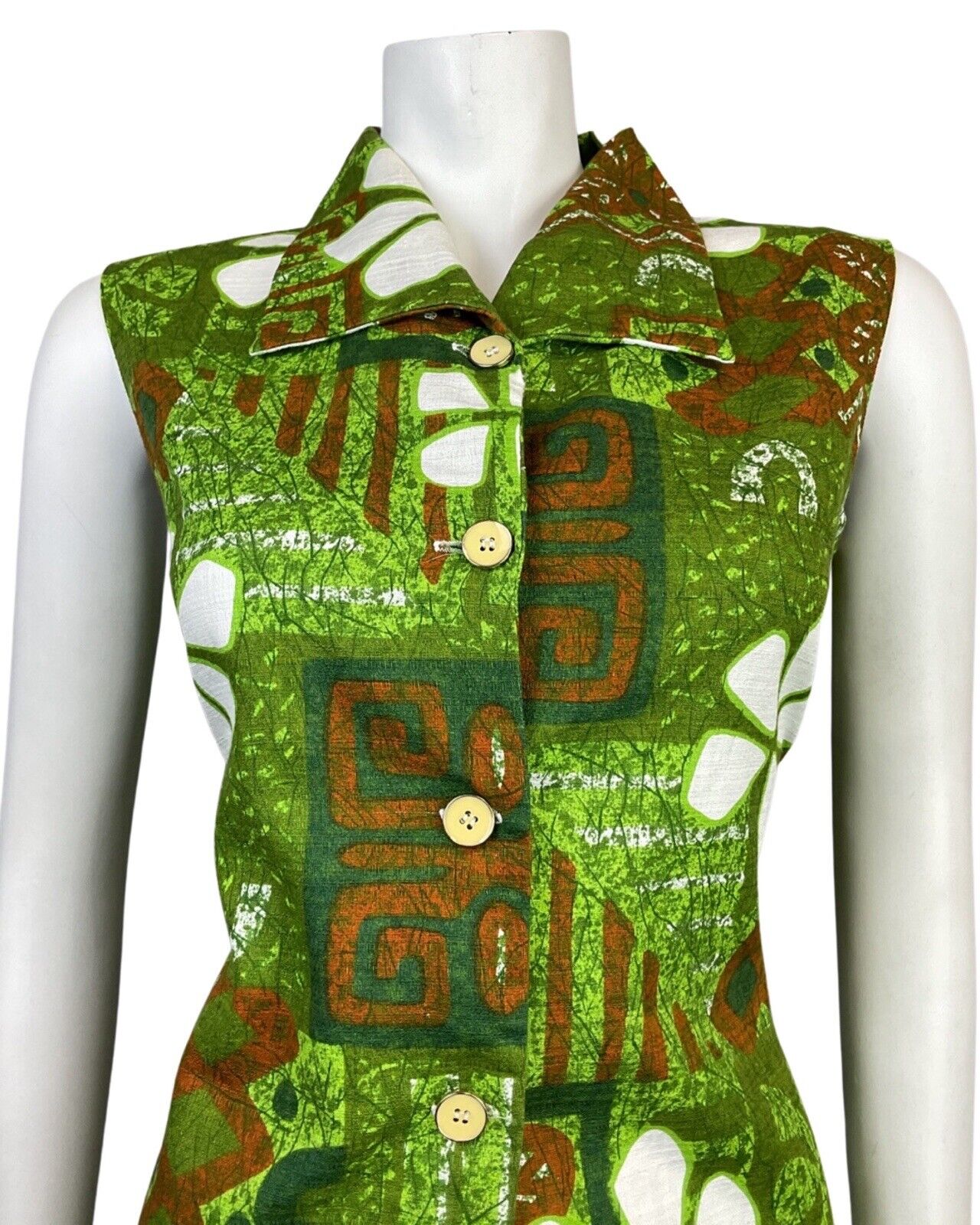 VINTAGE 60s 70s GREEN ORANGE WHITE HAWAIIAN FLORAL SLEEVELESS SHIFT DRESS 10