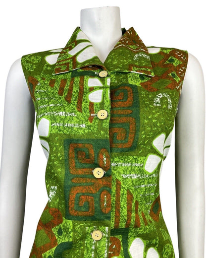 VINTAGE 60s 70s GREEN ORANGE WHITE HAWAIIAN FLORAL SLEEVELESS SHIFT DRESS 10