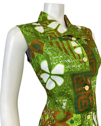 VINTAGE 60s 70s GREEN ORANGE WHITE HAWAIIAN FLORAL SLEEVELESS SHIFT DRESS 10
