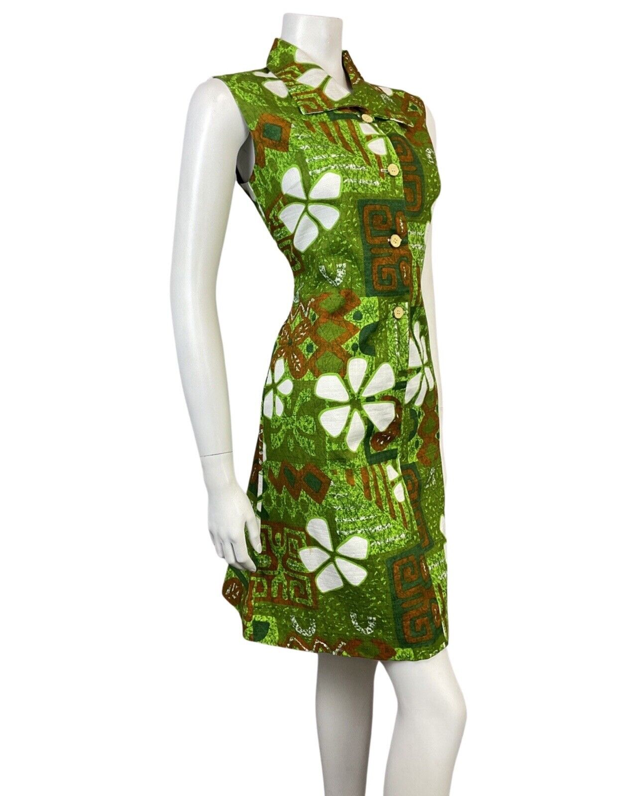 VINTAGE 60s 70s GREEN ORANGE WHITE HAWAIIAN FLORAL SLEEVELESS SHIFT DRESS 10