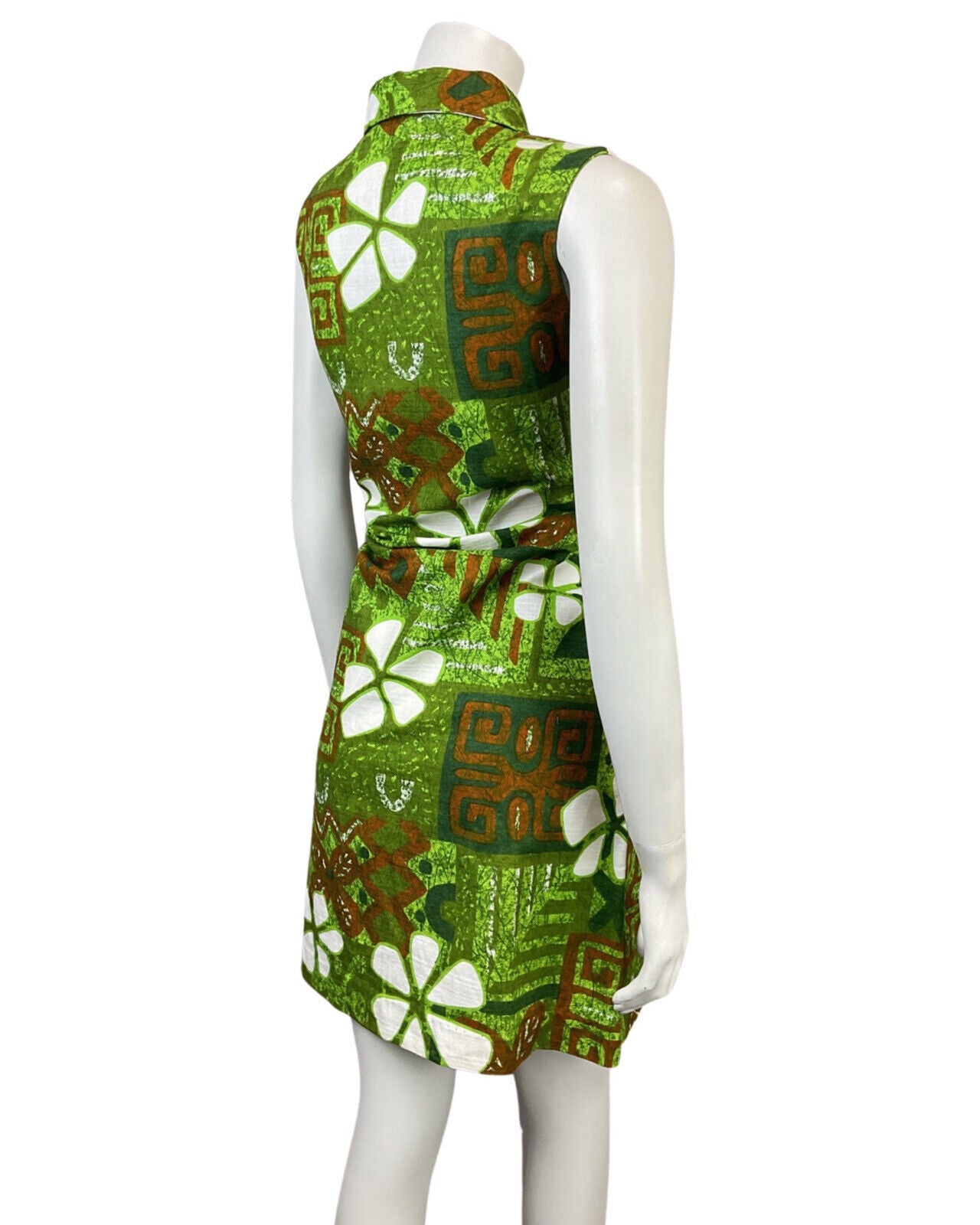VINTAGE 60s 70s GREEN ORANGE WHITE HAWAIIAN FLORAL SLEEVELESS SHIFT DRESS 10