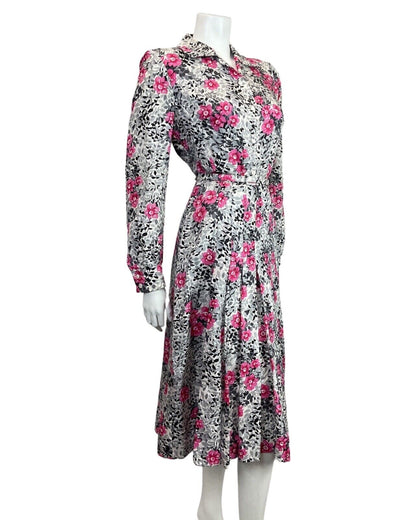 VINTAGE 60s 70s SILVER GREY PINK LEAFY FLORAL BELTED SWING SHIRT DRESS 12 14