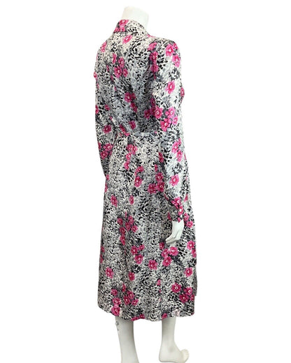 VINTAGE 60s 70s SILVER GREY PINK LEAFY FLORAL BELTED SWING SHIRT DRESS 12 14