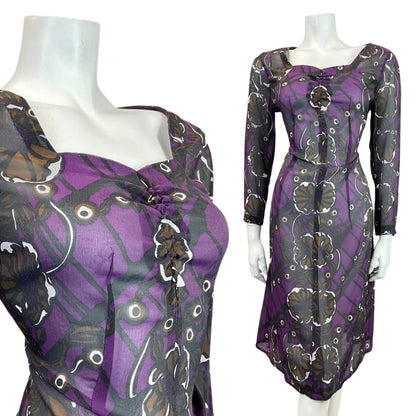 VINTAGE 60s 70s PURPLE BLACK BROWN PSYCHEDELIC FLORAL SHEER DRESS 14