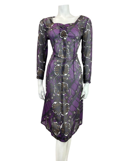 VINTAGE 60s 70s PURPLE BLACK BROWN PSYCHEDELIC FLORAL SHEER DRESS 14