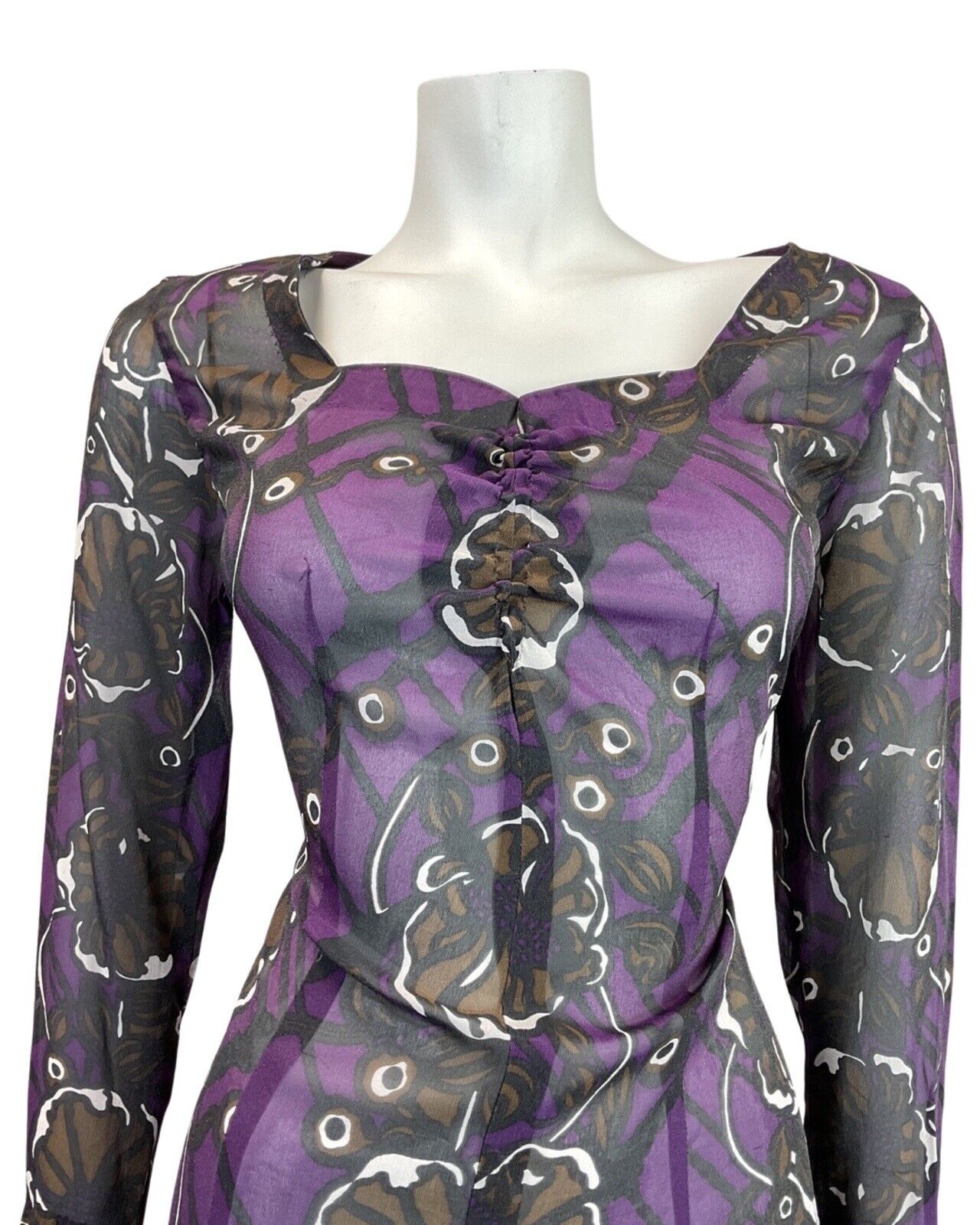 VINTAGE 60s 70s PURPLE BLACK BROWN PSYCHEDELIC FLORAL SHEER DRESS 14