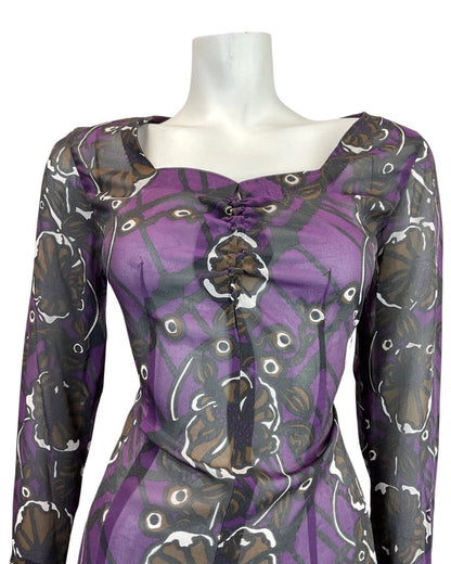 VINTAGE 60s 70s PURPLE BLACK BROWN PSYCHEDELIC FLORAL SHEER DRESS 14