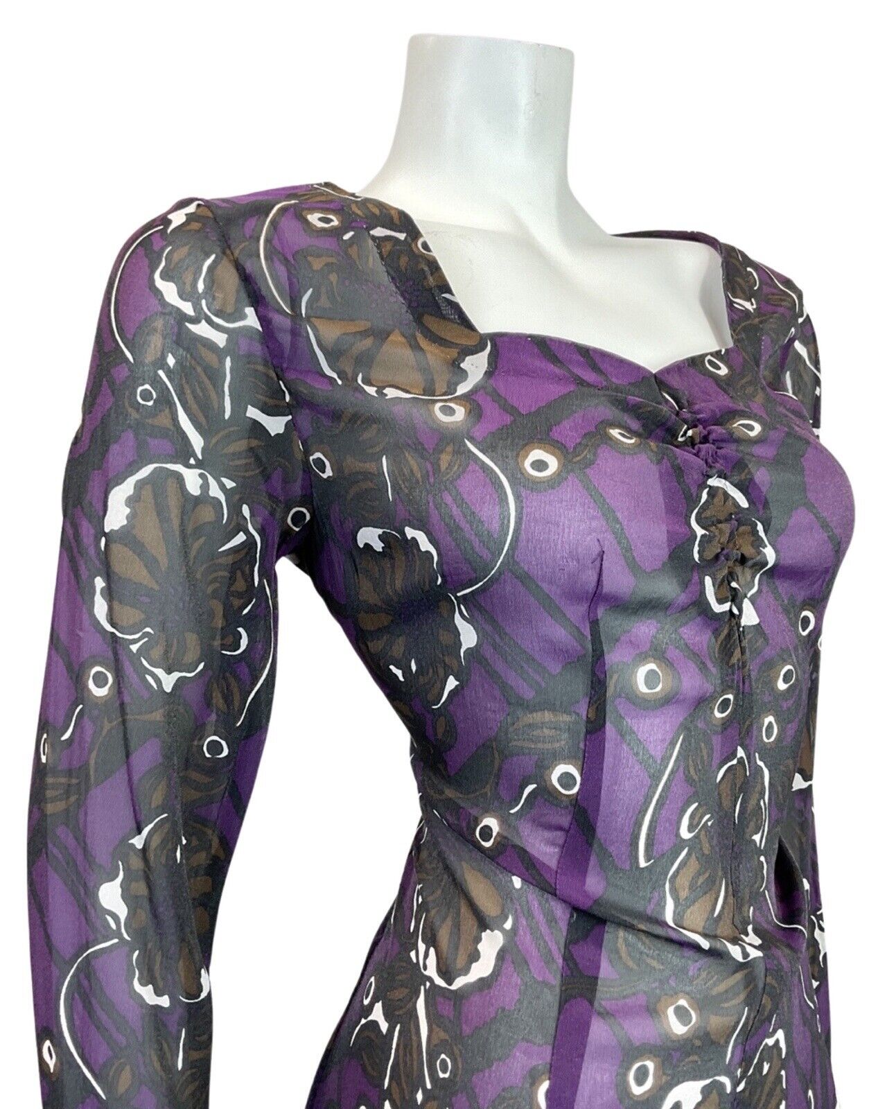 VINTAGE 60s 70s PURPLE BLACK BROWN PSYCHEDELIC FLORAL SHEER DRESS 14