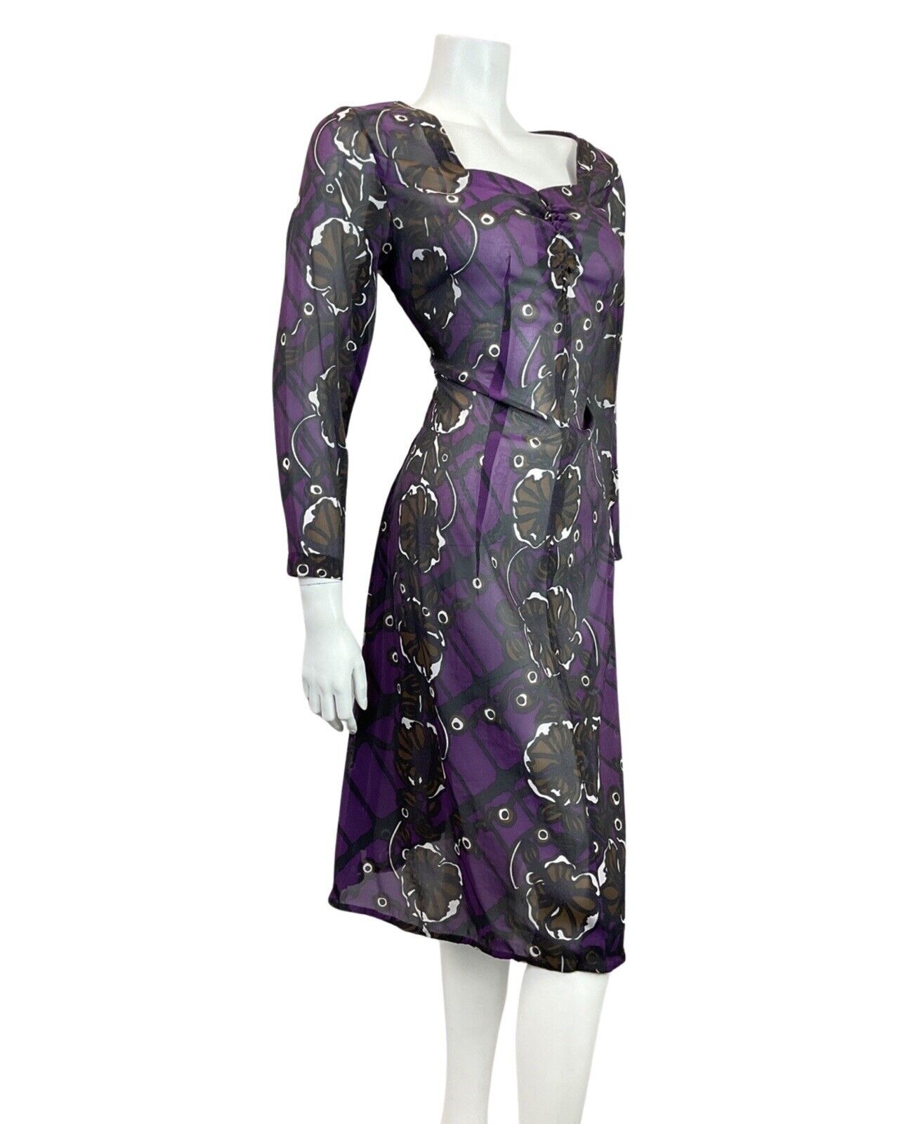 VINTAGE 60s 70s PURPLE BLACK BROWN PSYCHEDELIC FLORAL SHEER DRESS 14