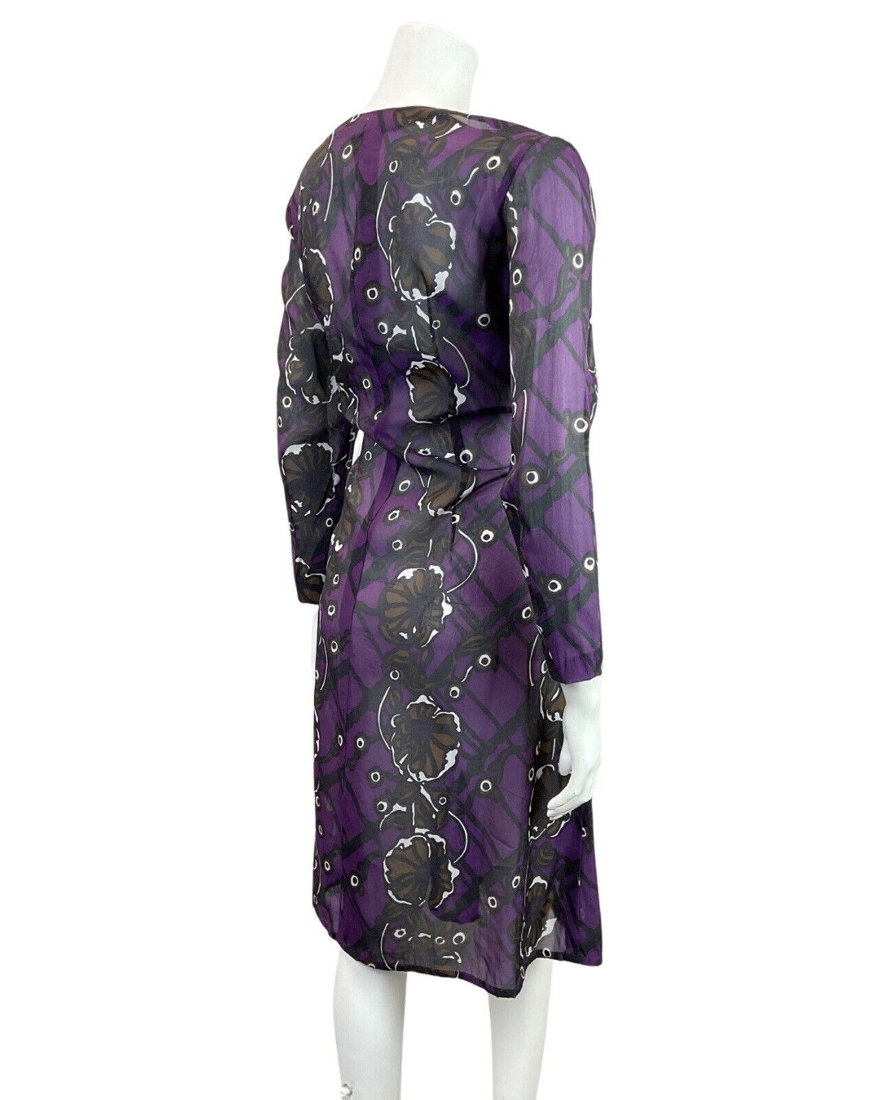 VINTAGE 60s 70s PURPLE BLACK BROWN PSYCHEDELIC FLORAL SHEER DRESS 14