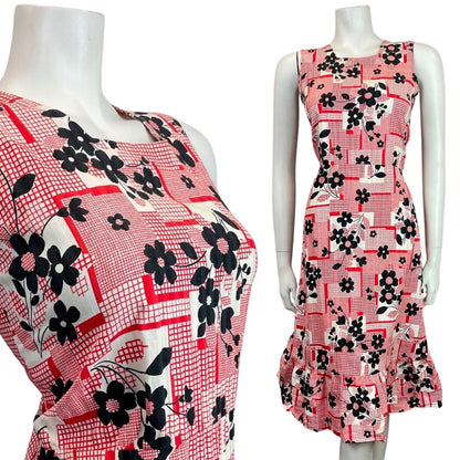 VINTAGE 60s 70s RED BLACK WHITE CHECKED DAISY FLOWER SLEEVELESS SUMMER DRESS 8